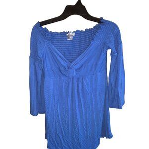 Venus Womens Blue Off-Shoulder Smocked Top With Flared Sleeves Size L